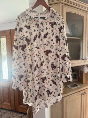 Long-Sleeve Cream Western-Print Shirt Dress